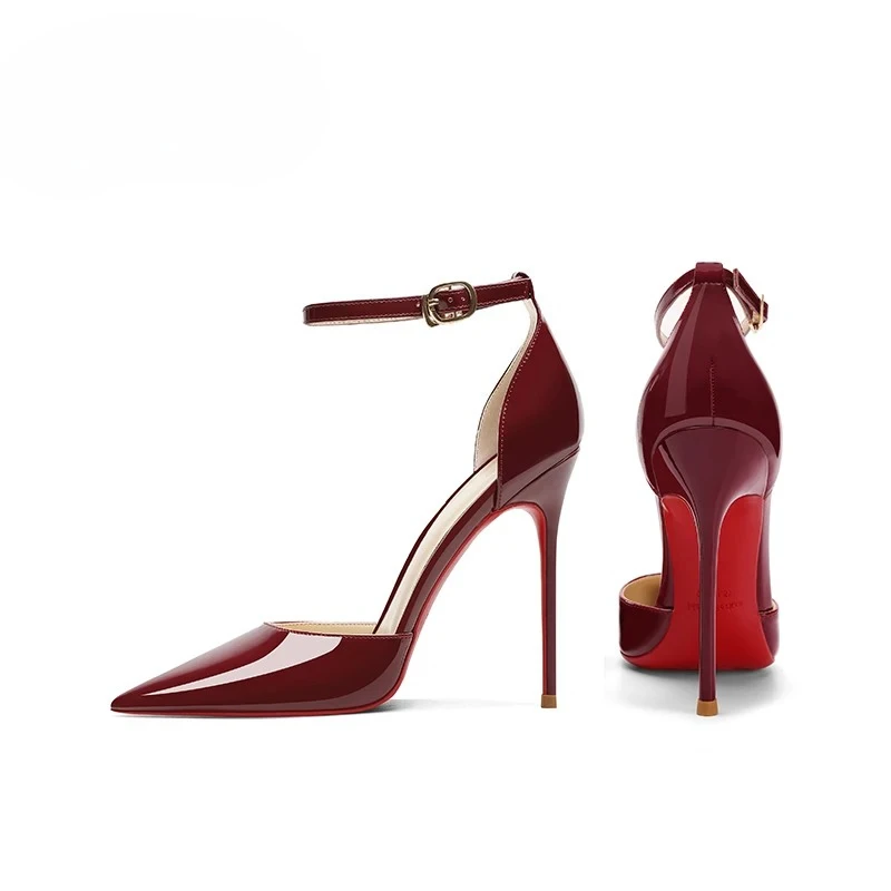 

Wine red high heels, women's slim heels, one line buckle toe sandals, new sexy temperament, pointed hollow single shoes