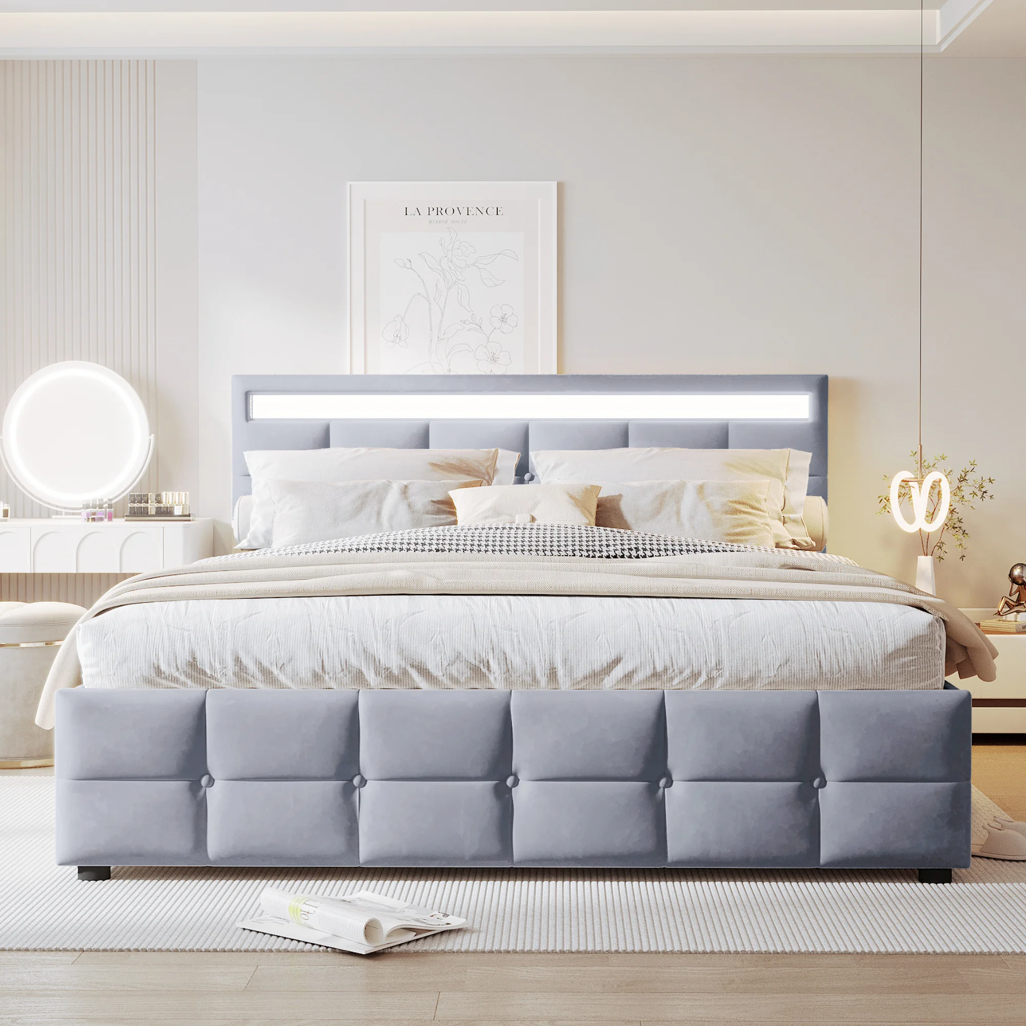 KOMHTOM Hydraulisches Polsterbett Doppelbett 180x200 cm aus holländischem Samtstoff mit LED Leuchten und Lattenrost