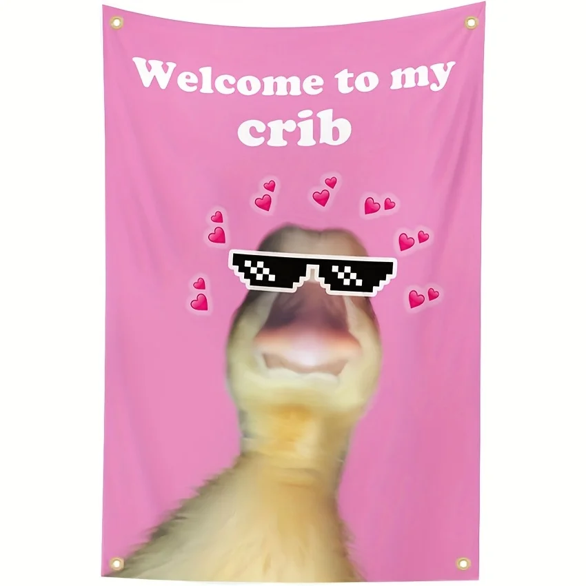مرحبًا بكم في علم My Crib Duck - نسيج وردي مع تصميم "Welcome to My Crib"، مخيط مزدوج، 4 حلقات نحاسية