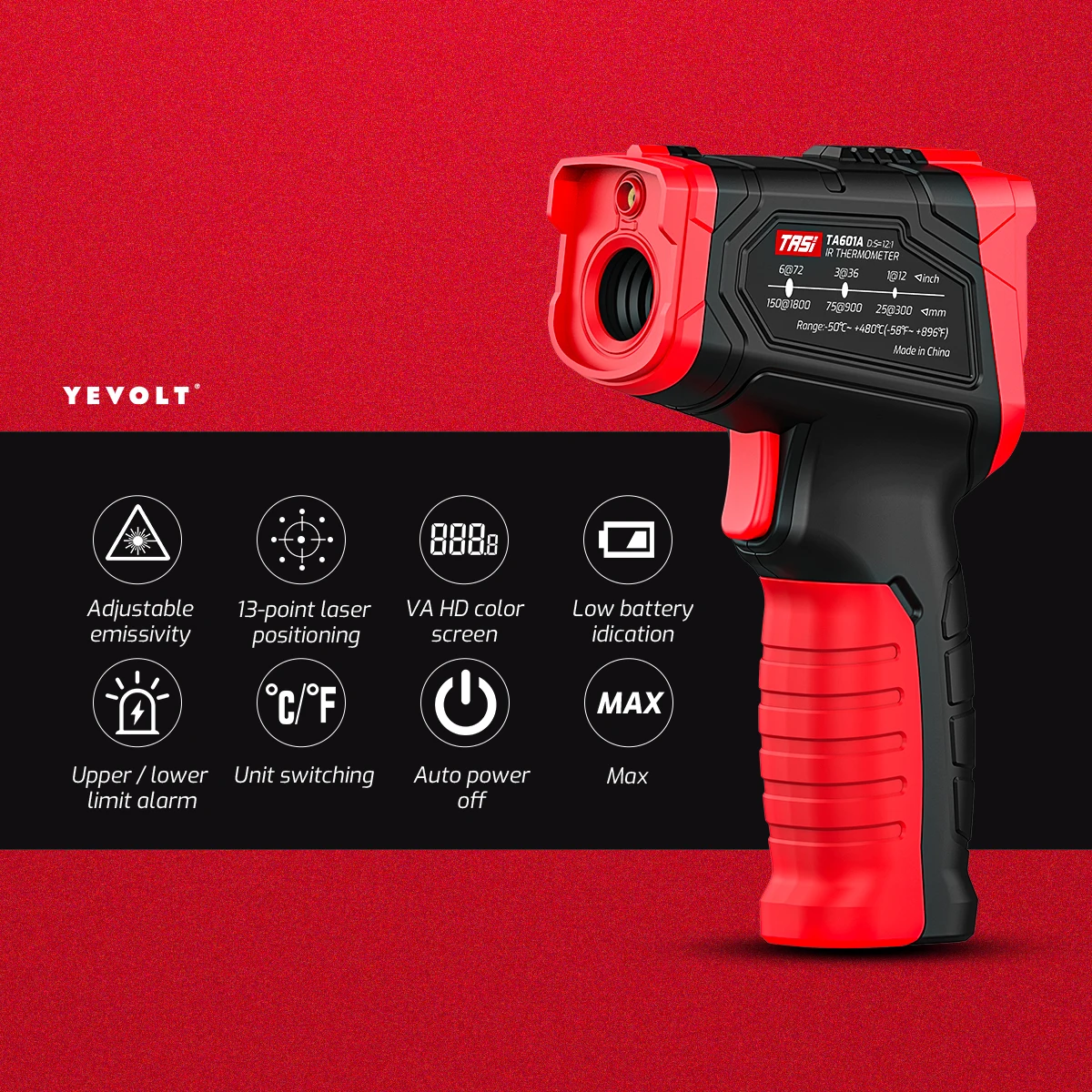 YEVOLT TA601 Series Digital Infrared Thermometer Handheld Non Contact IR Laser  Heat Temperature Gun Point VA HD Color Screen