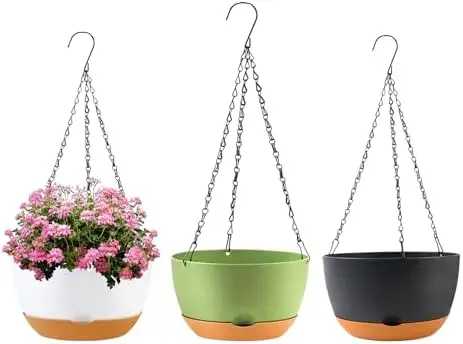 

10 Inch Hanging Planters with Self-Watering, 3 Pack Plastic Pots for Indoor Outdoor Use (White+Black+Green)