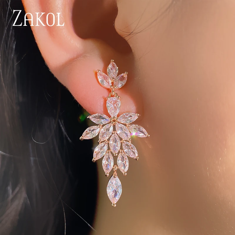 ZAKOL Korea Marquise Zircon Leaf Dangle Earrings for Women Fashion Bridal Wedding Party Jewelry Drop Shipping EP2168