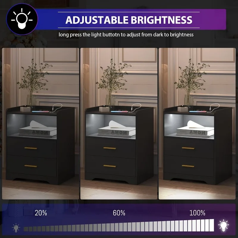 LED Nightstand with Charging Station, Smart Bedside Table with 24-Color RGB LED Lights, Charging Nightstand