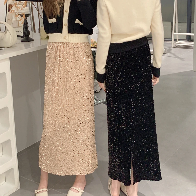 

Women Party Spring Mid Length Velvet Women Skirts Solid Sequins Korean Fashion Elegant Faldas Mujer Elastic High Waist Skirt New