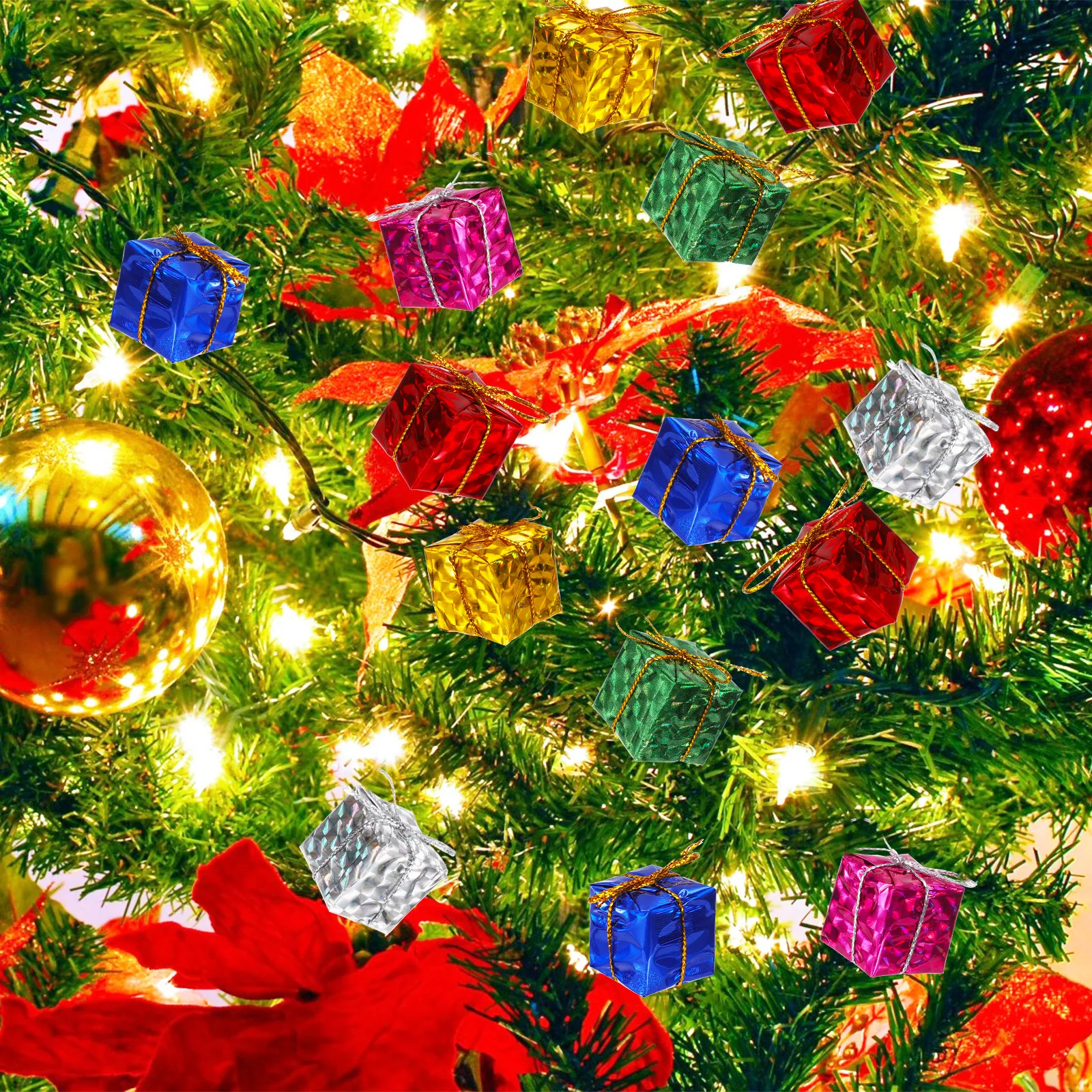 

72 Pcs Christmas Tree Hanging Ornaments Mini Plastic Gift Boxes Bright Color Gold Foil Wrapping Decorative Pendants Festive DIY