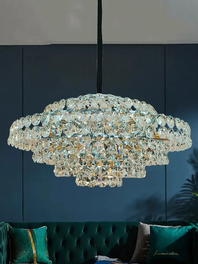 

Light luxury living room pendant light modern minimalist bedroom light high-end circular design, French luxury crystal pendant