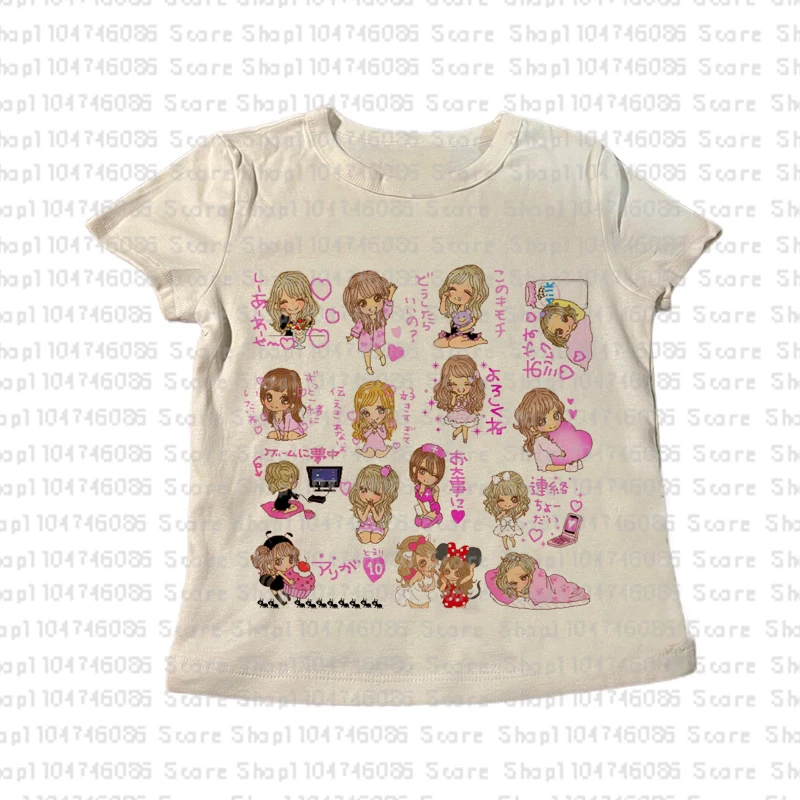 Y2k-ropa de calle de anime con cuello redondo para mujer, Tops estampados de los años 90, ropa Harajuku, chaleco Vintage, camiseta estética informal de calle alta, chica caliente