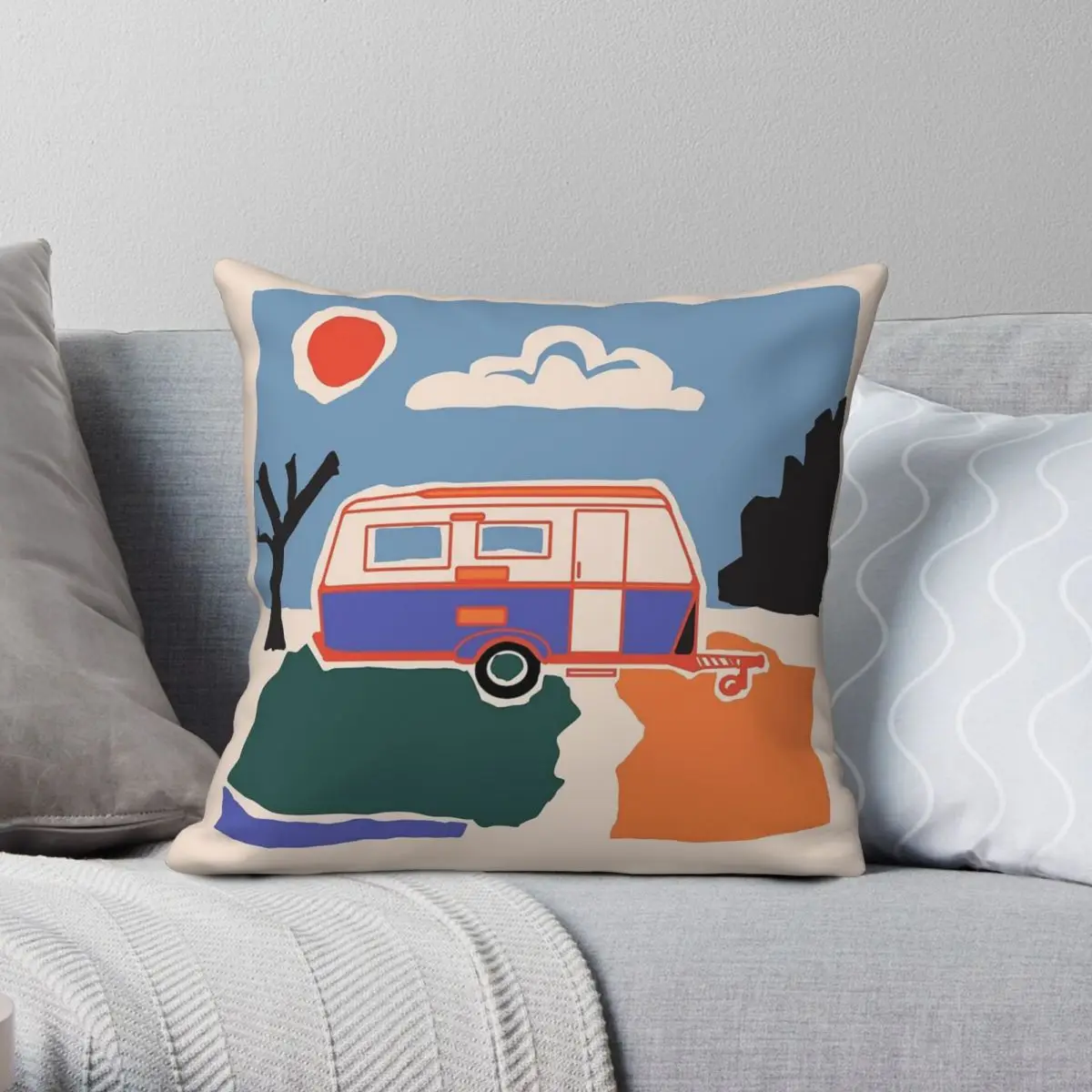 Retro Vintage Caravan Square Pillowcase Polyester Linen Velvet Printed Zip Decorative Car Cushion Cover