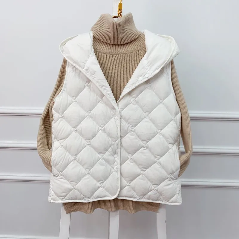 Hooded Down Waistcoat Parkas Autumn Winter Women Ultra Light White Duck Down Vest Coat Ladies Sleeveless Short Warm Tank Jacket