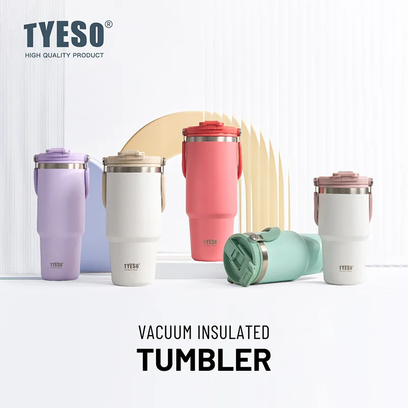 Tyeso Isolierflaschen mit Griff, Thermosbecher, Kaffeetasse mit zwei Getränken, Edelstahl, Kalt- und Warm-Isolierbecher, Becher, Eisbecher, Autoflasche