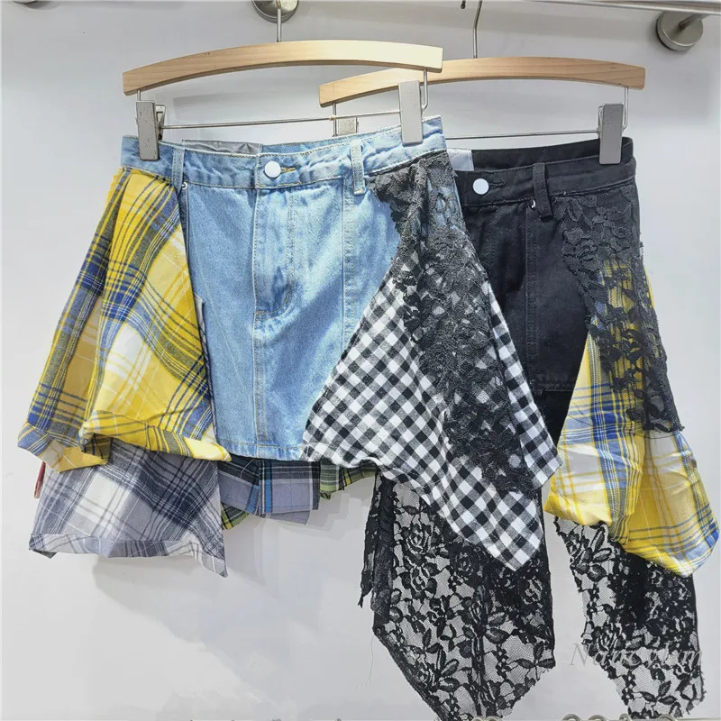 Patchwork Denim Skirt Women Design Sense Niche Lace Splicing Denim Skirt High Waist Slimming Irregular Skirt Spice Girl Cloth