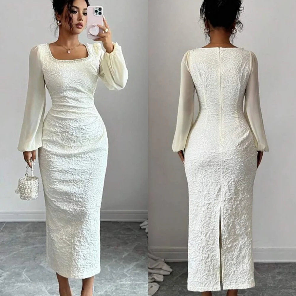 

Customized Classic Ivory Jersey Evening Dress Delicate Square Collar Long Sleeves Zipper Back Pearls Special Occasion Gowns