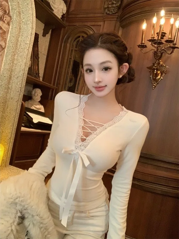 

Изысканная женская модная нижняя рубашка с кружевными вставками, V-образным вырезом, перекрестными завязками и длинными рукавами, белая, с узлом, в стиле Pure Desire