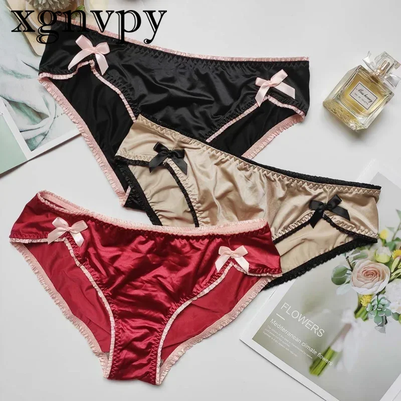 xgnvpy Luxury Bow Women\'s Underwear Vintage Solid Satin Cotton Seamless Briefs Sexy Panties Thongs Feminine Lingerie Lacy