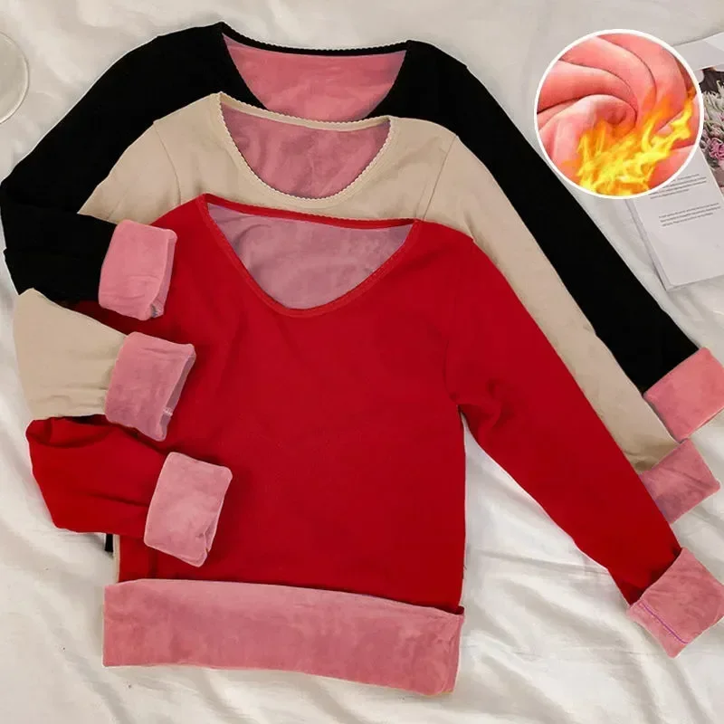 Bottoming Warmth] Round Thermal [double Underwear, Women's Neck Top Plus Layer Ladies Shirt Lace Thickening Fleece