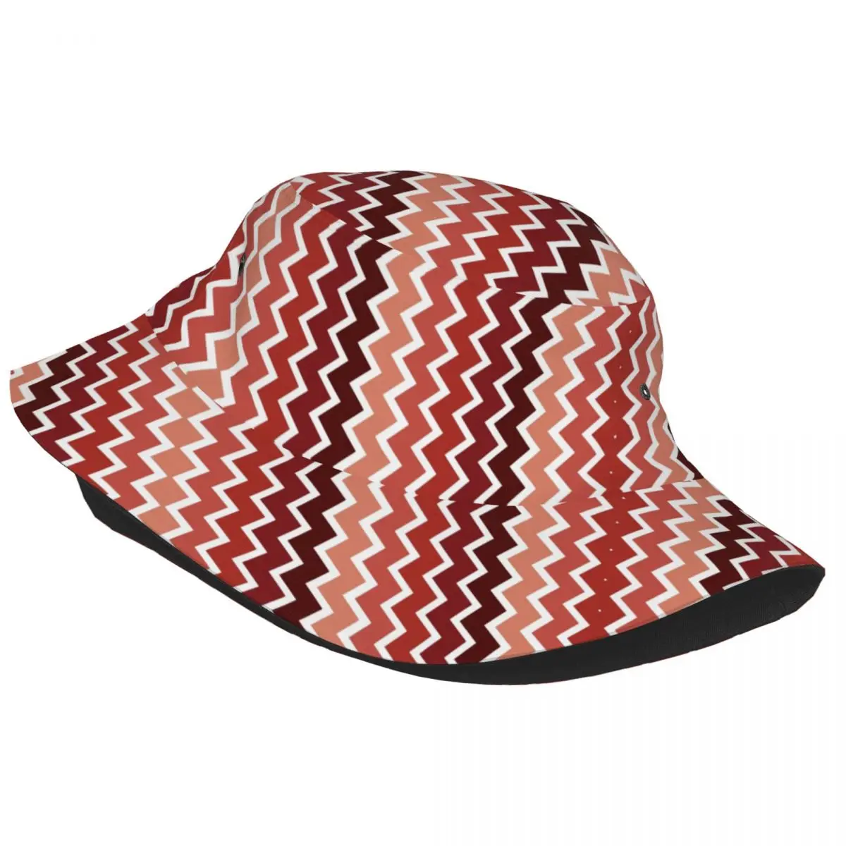 Red And White Zig Zag Lines Seamless Pattern Unisex Bucket Hat Customize Summer Beach Sun Geometric Bohemian Hats