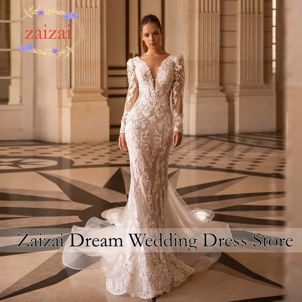 

Customized Illusion Backless Women Wedding Dresses Sexy Deep V-Neck Bridal Gowns Long Sleeves Lace Appliques Vestidos De Novia