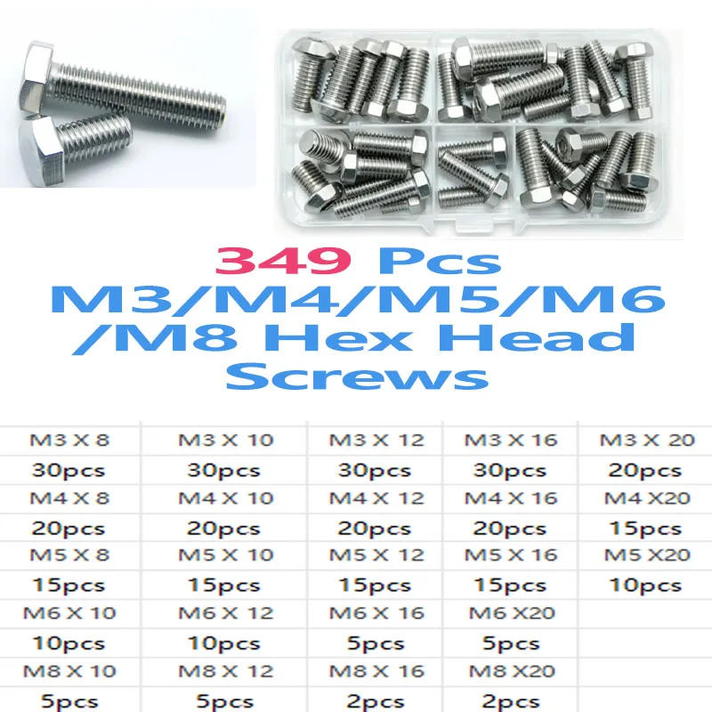 Metric M3 M4 M5 M6 M8 Hex Head Machine Bolts Kit, Stainless Steel DIN933 External Hex Screws Assortment