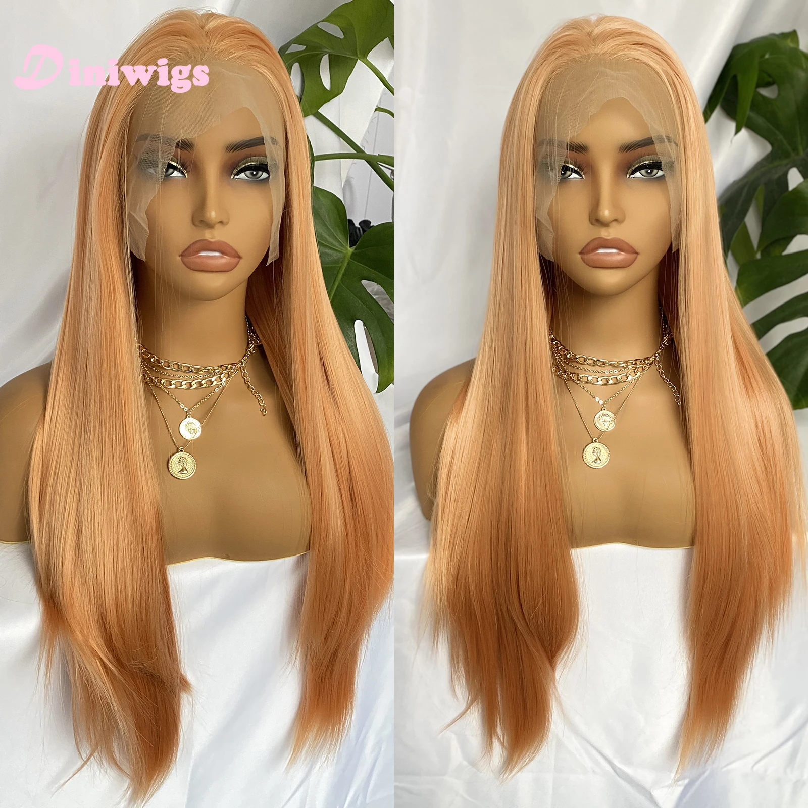 

Diniwigs Оранжевый парик спереди, длинные шелковистые прямые синтетические волосы, бесклеевые натуральные волосы, повседневная одежда, парики для косплея для женщин