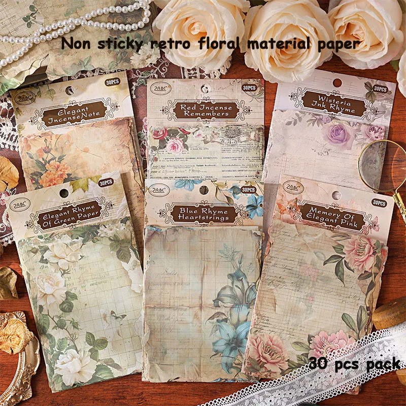 30 PCS Vintage Floral Material Paper DIY Accounts Diaries Masking Tape Lovely Scrapbooking Supplies Decoration Stationery