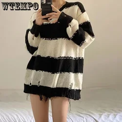 Suéteres góticos Punk con agujeros para mujer, jersey de moda Harajuku de gran tamaño, Jersey de punto, suéter a rayas, venta al por mayor Chaqueta de cuello delgado y manga larga hueca estilo universitario dulce