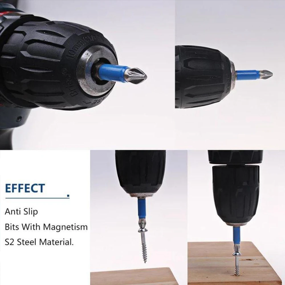 Magnetic Anti-slip Drill Bit, 7pcs Phillips Screwdriver Bit Set, S2 Alloy Steel Long Bits, 1/4 Hex Shank, Fine Tooth Design, Str