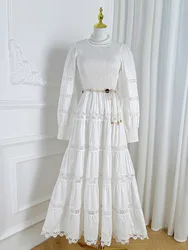 Elegant Long Maxi Dresses Women Summer 2025 Spring Full Sleeve Embroidery Lace Stretchy Top Hollow Out Evening Party Vestidos