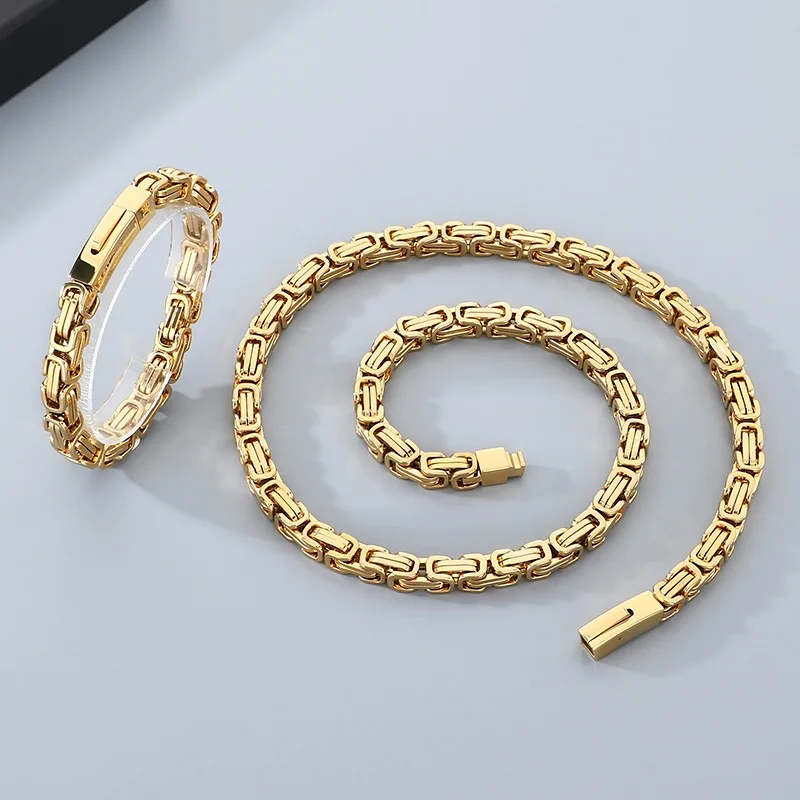Stainless Steel Byzantine Chains Imperial Chain Magnetic Clasp Men's Necklace Bracelet Jewelry Set Silver 6mm / 8mm Wide KB20280