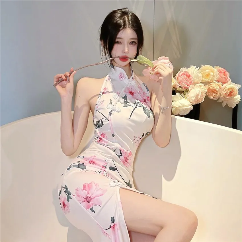 

Chinese Style Flower Printed Retro Cheongsam Women Elegant White Slim Qipao Sexy Party Dresses Bodycon Dress Vintage Vestidos