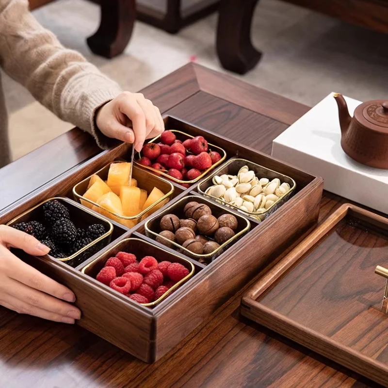 Walnut Wood Nut/Snack Organizer Luxury Compartmentalized Coffee Table Tray High End Fruit Serving Platter for Modern Living Room