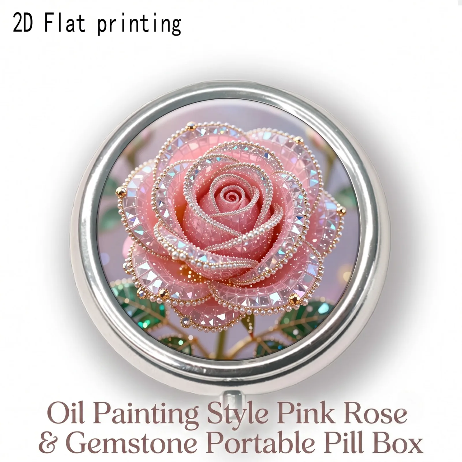 1pc 2D Flat Print Pill Box, Pink Rose Gemstone Design, Portable Metal Medicine Case, Lightweight Gift with Compartments