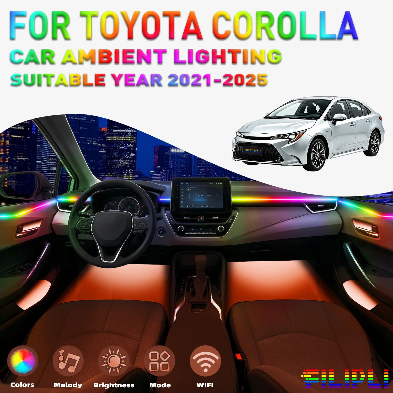 For TOYOTA COROLLA 2021-2025 CAR AMBIENT LIGHTING colorful 6 Lights Kit 256 Colors Iridescent 6 in 1 LED Interior Hidden Acrylic Strip Symphony Atmosphere Lamp Neon Acrylic Light Strip Lighting and Decorative Lamps Long Standby Car Decorative Light