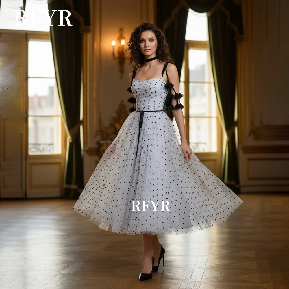 

RFYR A Line Party Dress Tea Length Prom Dress Black Dotted Evening Gowns Princess Elegant Celebrity Dress vestidos Customized