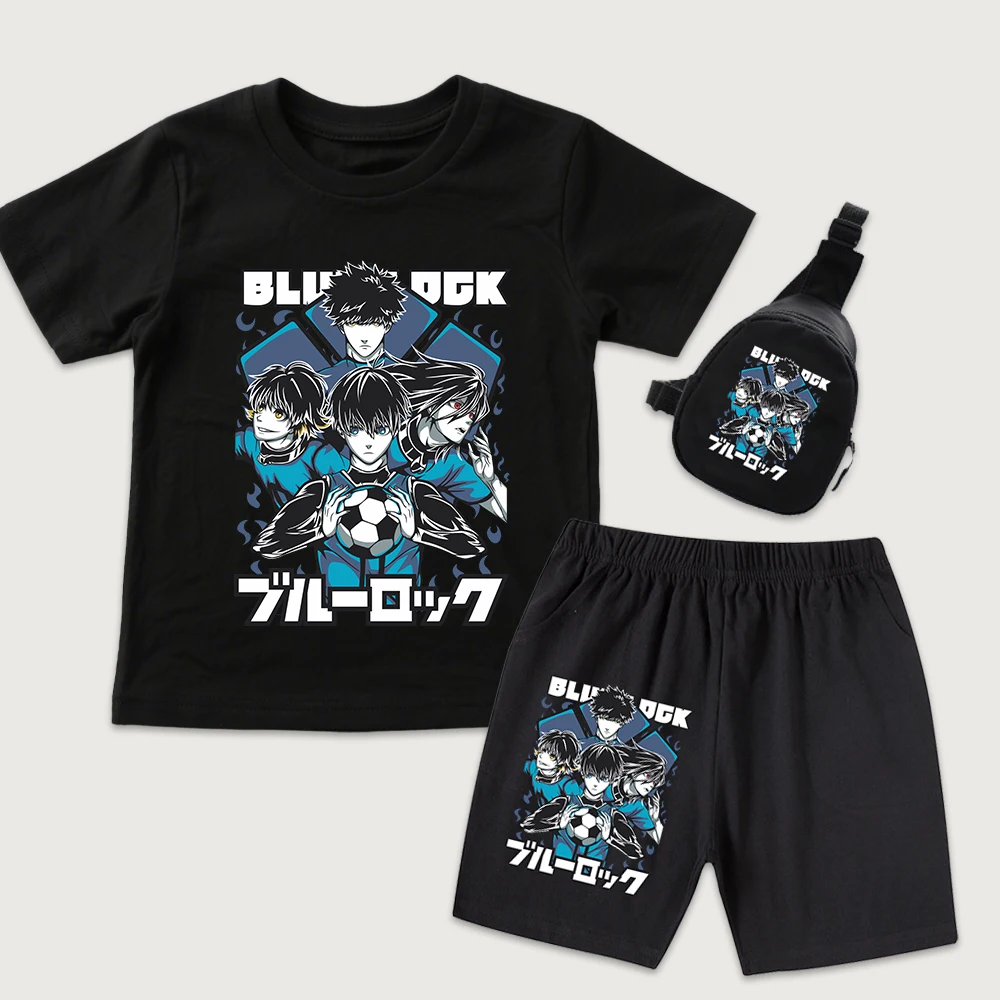 Blue Lock Characters Anime Print Cotton Kids Outfit Kids Boys Girls T Shirt Shorts Mini Chest Bag 3 Pieces Set Summer Clothes