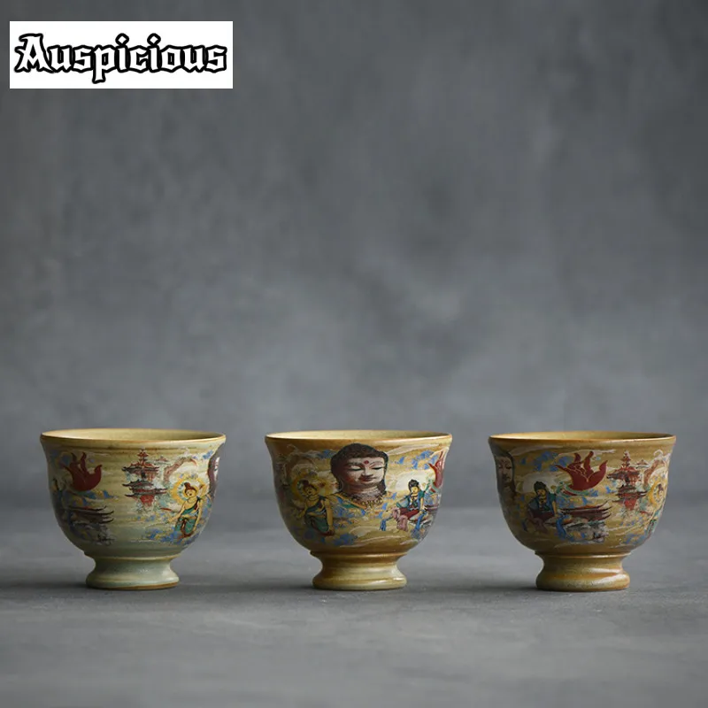 70ml Creative Dunhuang Elements Master Cup Boutique Coarse Pottery Tea Cup High-feet Tasting Mug Retro Sample Tea Cup Teaware