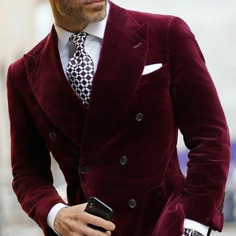 Velvet Blazer For Men Double Breasted Burgundy Smoking Jacket Elegant Dinner Party Suit Coat 1 PC
