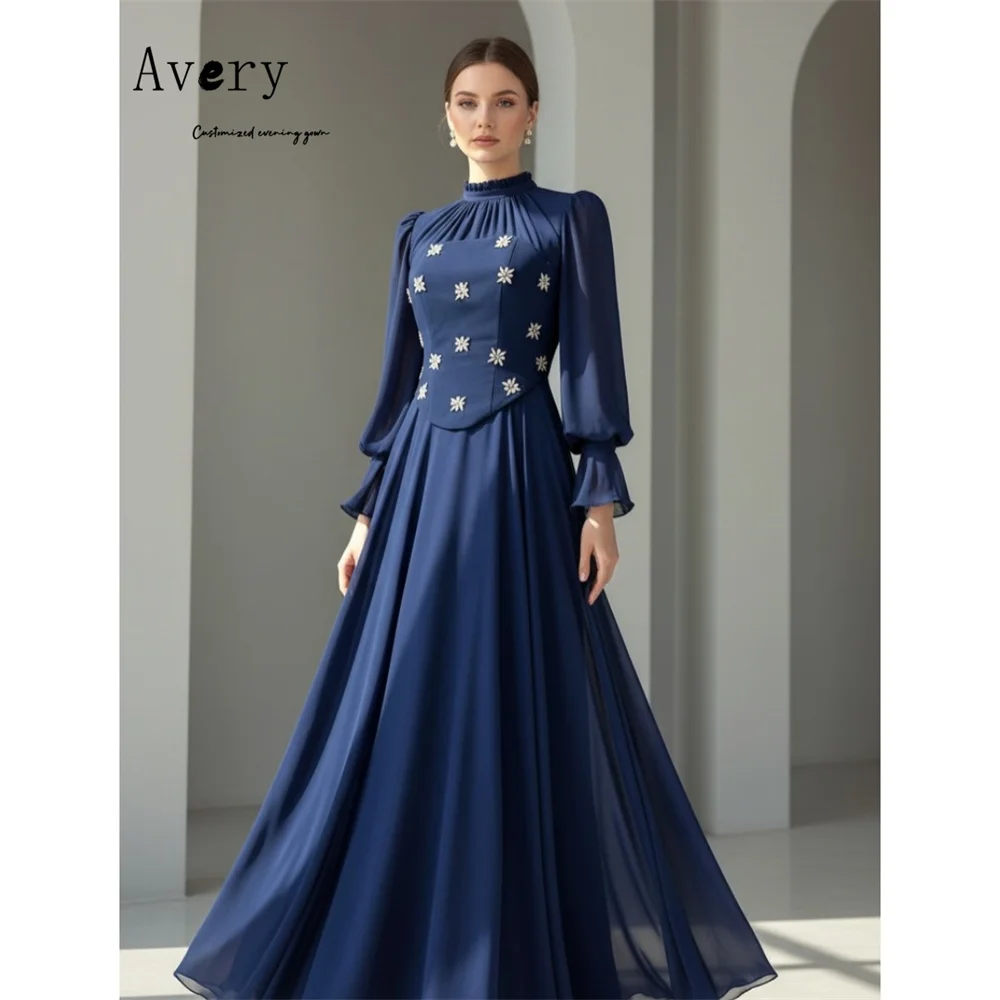 

Avery Custom Blue Crew Neck Rhinestone Long Sleeves Luxurious Women's Evening Dresses for Events Ball Gown Dresses Gala Dress