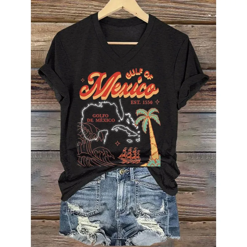 Women's Gulf of Mexico Print T-Shirts Summer Holiday Casual Short Sleeve V Neck Tops