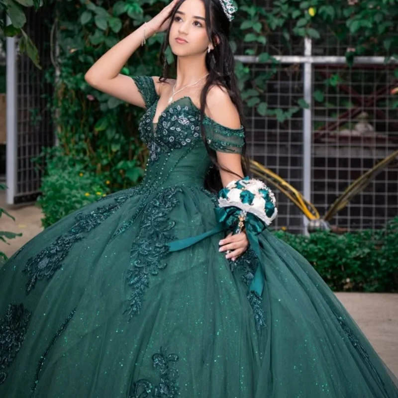 

Shiny Dark Green Quinceanera Dress crystal glitter flower Decal Long tail Lace Bow Vestidos De 15 Quinceanera ﻿Customize