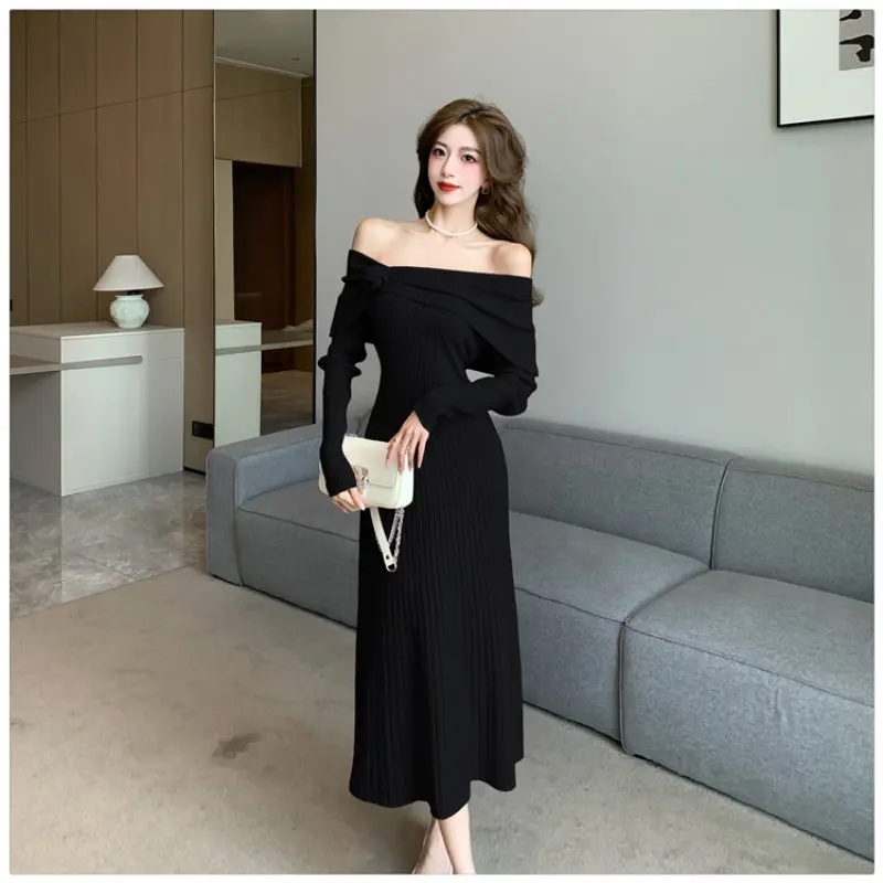 Herbst 2024, Temperament, U-Boot-Ausschnitt, schulterfreies Kleid mit dreidimensionaler Blumendekoration, langärmelige Damenmode