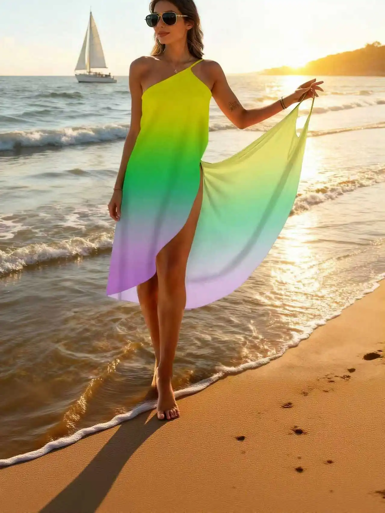 

Women's Cover-Up Dress with Off-The-Shoulder Shawl, Yellow Gradient Print, Beach Vacation Backless Summer Beachwear, Pool Beach Wrap Dress, Spaghetti Strap Dress
