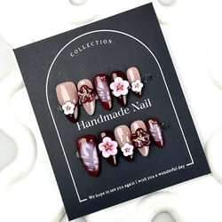 Handmade Press On Nails 3D Colored Flowers Decor 10pcs Almond French False Nails With Gold Beads Blush Retro Red Fake Nails Long