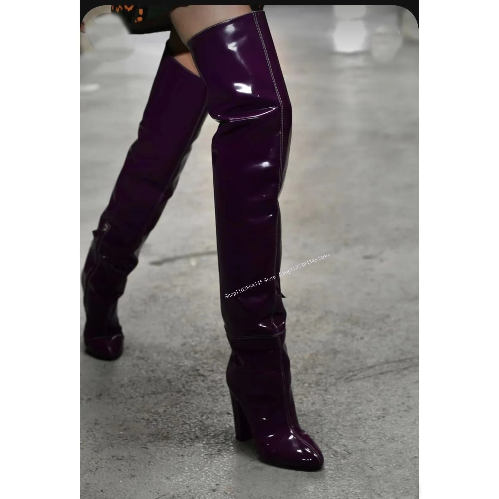 

Purple Patent Leather Boots Over Knee High Chunky Heel Pointed Toe Fashion Sexy Big Size Comfort Woman Shoes Zapatillas Mujer