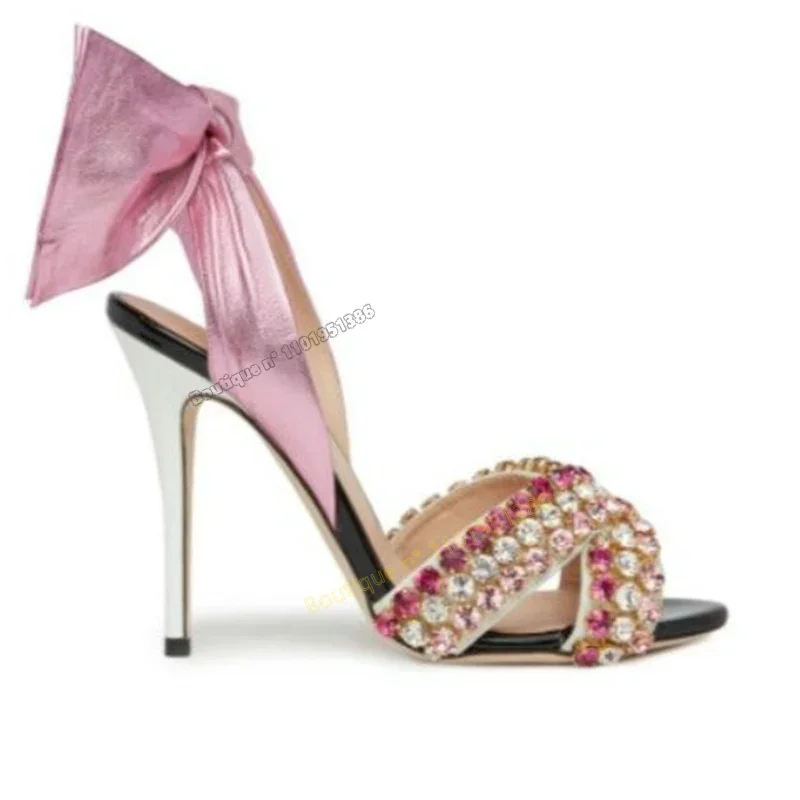 صنادل كريستالية بعقدة على شكل فيونكة خلفية سهلة الارتداء أحذية زفاف للنساء أحذية بكعب عالي مختلط الألوان 2023 Zapatillas Mujer