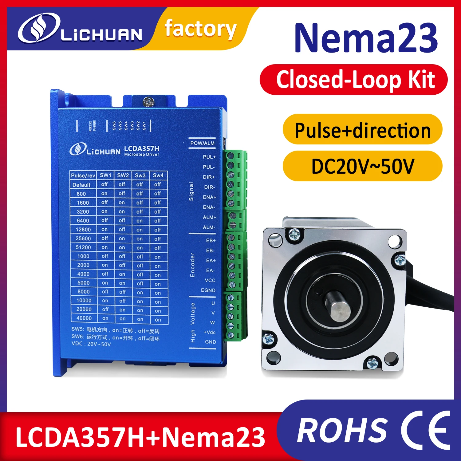 

Lichuan 3phase Nema23 Closed loop stepper motor 1Nm 2Nm 3Nm with driver LCDA357H 3M encoder cable kit for CNC laser machine