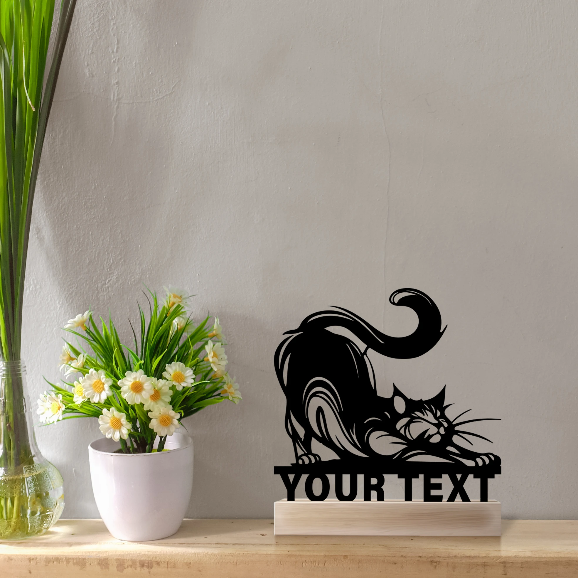 1 pc The stretching black cat Custom Name Metal Statue Metal Ornament With Wood Base Iron Sculpture Art Figurine With Wood Base