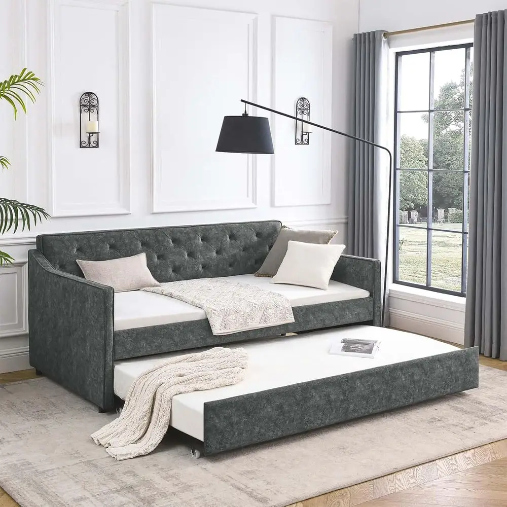 

Antetek Daybed with Trundle, abric Upholstered Twin Size Day Bed Pull-Point Soa Daybed e w/Twin Roll-Out Trundle, No Box Spring