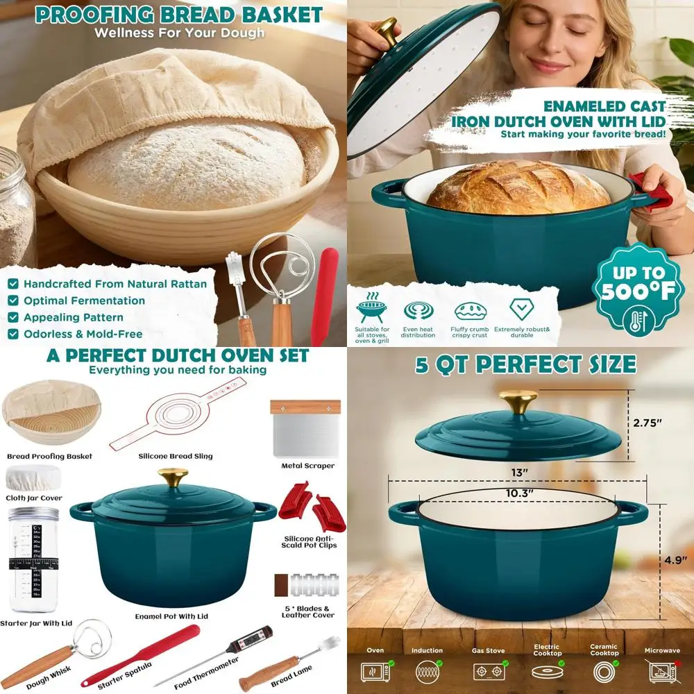 

5-Quart Cast Iron Dutch Oven with Lid, Includes Sourdough Bread Supplies: Banneton, Starter Jar, Lame Knife, Oven Safe to 500°F