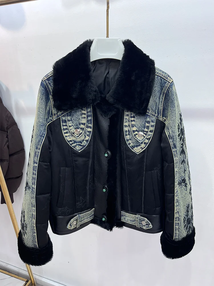 Nowe luksusowe damskie płaszcze z naturalnego futra owczego merino z kołnierzem, kurtki puchowe z gęsiego puchu, kurtki jeansowe i odzież wierzchnia na zimę 2025