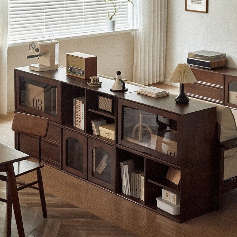 All solid wood module household walnut-colored floor-to-ceiling lattice cabinet